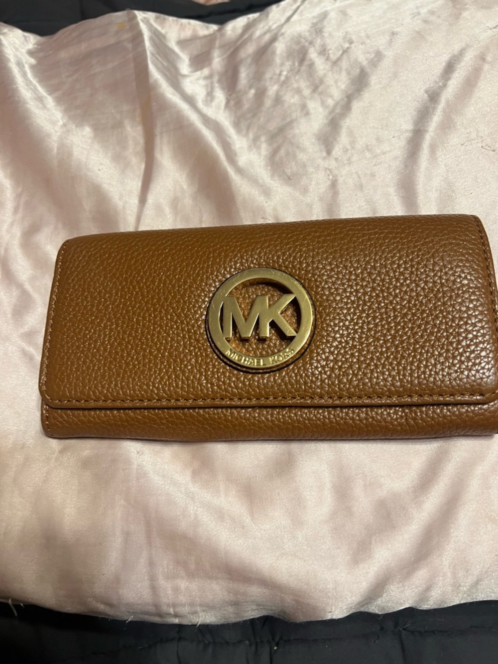 Michael Kors Cognac Pebbled Leather Continental Wallet with Gold MK Logo